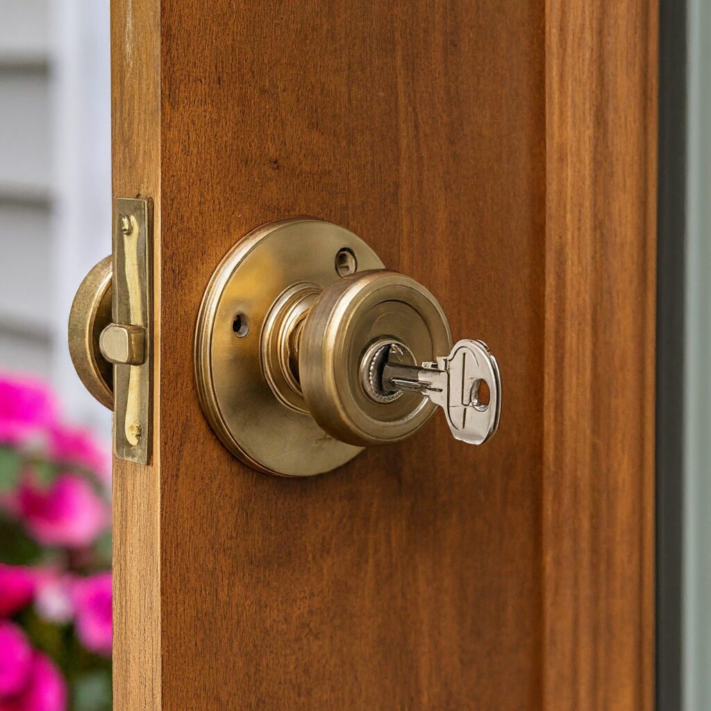 A key in a lock to show the security title insurance gives rental property owners. 